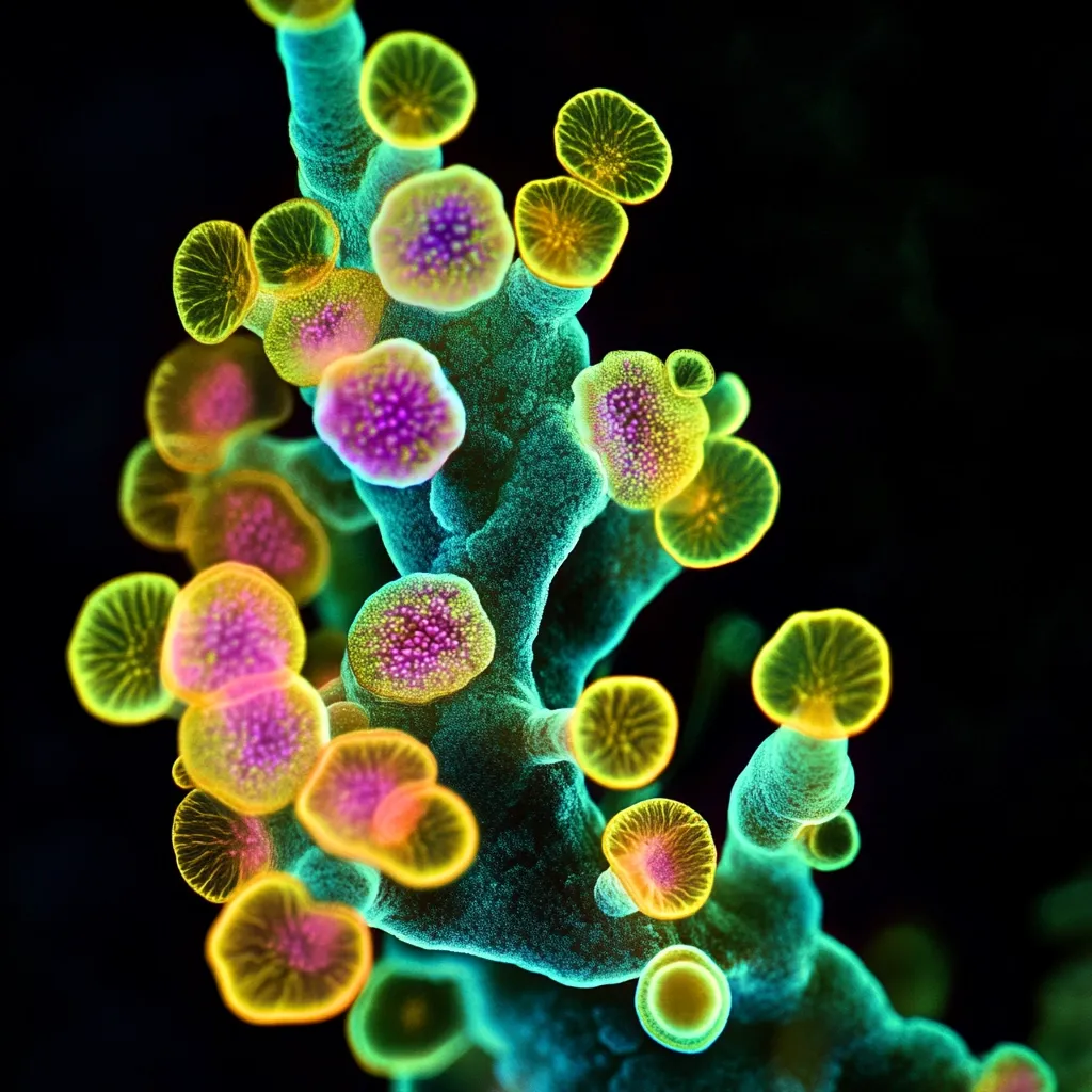 Here's a description of the image:

The image is a vibrant, close-up shot of what appears to be a microscopic organism or a digitally enhanced rendering of one. It resembles a branching structure, with numerous round, brightly colored segments.  These segments range in color from bright yellow and orange to deep pinks and purples, creating a psychedelic effect.  The background is a deep black, making the colors of the central structure even more intense. The overall impression is one of otherworldly beauty and complexity, suggestive of a fantastical, microscopic landscape.