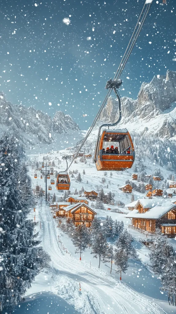 A picturesque winter scene unfolds, showcasing a cable car ascending a snow-laden mountainside.  Several orange cable cars, carrying passengers, are visible against a backdrop of snow-covered chalets and towering, snow-dusted peaks.  Fresh snow falls softly, creating a magical ambiance. The warm glow from chalet windows contrasts beautifully with the cool blues of the twilight sky. The overall image evokes a sense of serenity and winter wonderland charm.