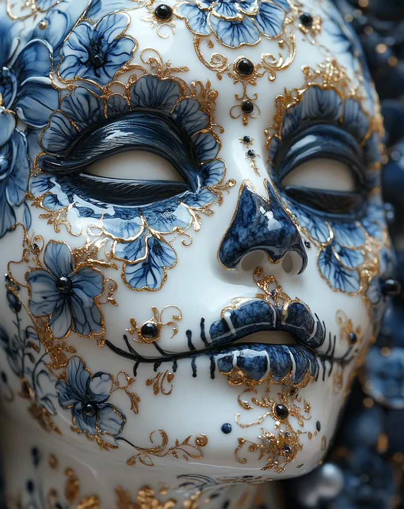Here's a description of the image:

Close-up view of an intricately designed mask or sculpture resembling a Calavera Catrina, a figure associated with the Day of the Dead. The mask is predominantly white porcelain, adorned with delicate blue floral patterns and gilded gold accents. The eyes, lips, and skeletal features are emphasized in dark blue, creating a striking contrast against the white base.  The details are exceptionally fine, showcasing the artistry of the piece. The overall effect is one of elegant beauty and a touch of macabre charm.