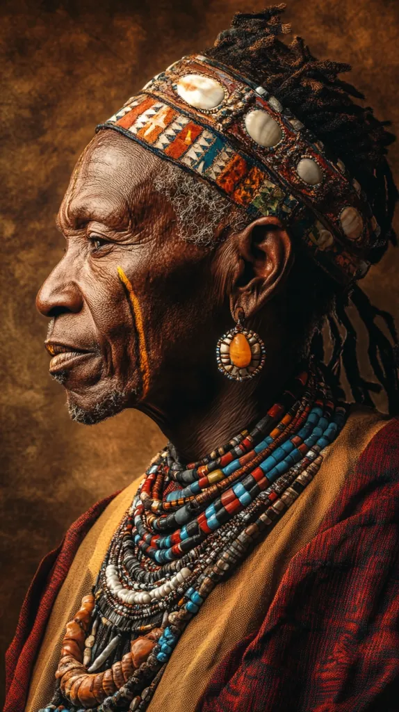 Here's a description of the image:

The photograph is a close-up profile portrait of an elderly person, possibly a tribal elder, with deeply lined, dark brown skin.  They are adorned with a richly colored and textured headwrap, large amber-colored earrings, and numerous layered necklaces made of beads in a vibrant array of colors, including turquoise, red, and brown.  The necklaces are substantial and appear to be made from a variety of materials.  A faint yellow streak is visible on their cheek.  The background is a muted brown, focusing attention on the subject's face and ornaments. The overall impression is one of age, wisdom, and cultural richness.