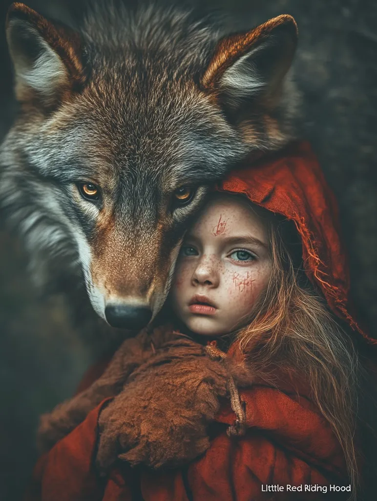 Here's a description of the image:

A captivating close-up portrays a young girl, reminiscent of Little Red Riding Hood, in a deep red hooded cloak.  Her face, subtly marked with what seems to be scratches or paint, holds a pensive expression.  She is enveloped in the comforting embrace of a large wolf, its amber eyes gleaming intensely.  The wolf’s fur is a mix of dark browns and greys, its presence both imposing and protective. The overall mood is dark and evocative, suggesting a reimagining of the classic fairy tale.  The background is blurred, drawing focus to the central figures.