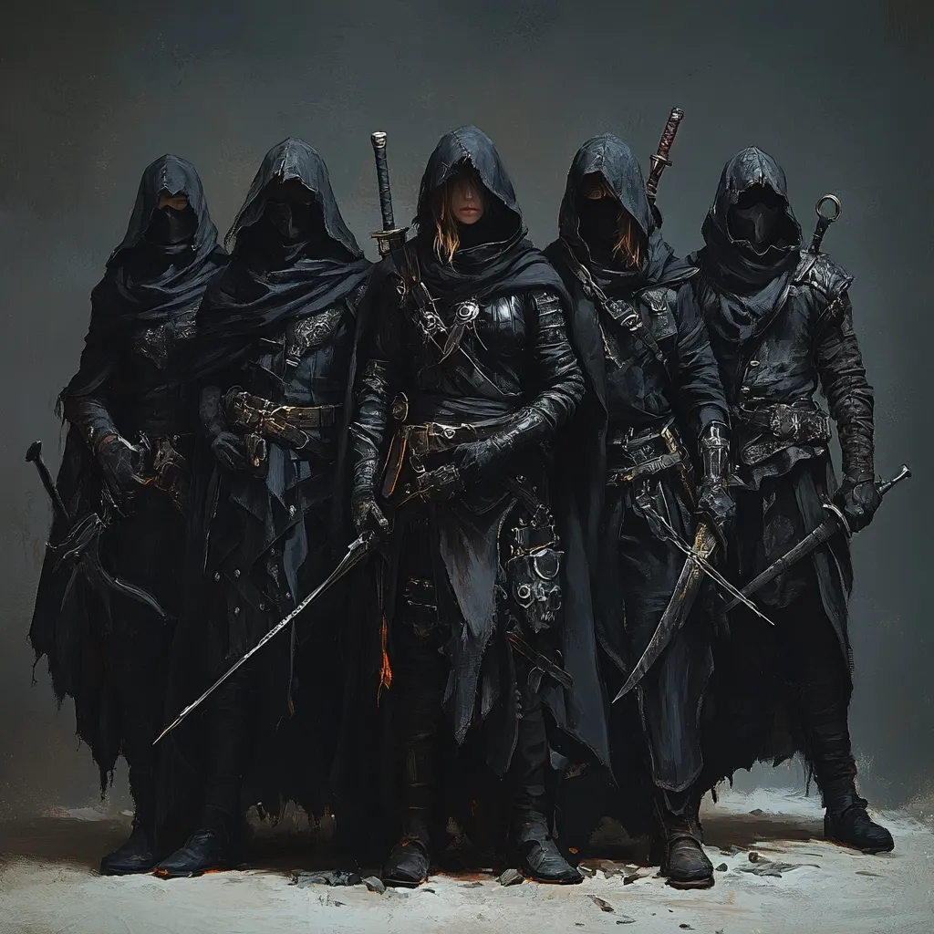 Five figures, cloaked in dark, flowing robes and hooded masks, stand in a line.  A central female warrior, her blonde hair partially visible, is armed with a sword and daggers. The flanking figures, male and female, are similarly equipped with swords and knives. The dark, muted palette and gritty texture create an atmosphere of mystery and danger, suggesting a band of skilled mercenaries or assassins. They stand on a pale, possibly snowy, ground, their attire and weaponry hinting at a fantasy or dark fantasy setting.