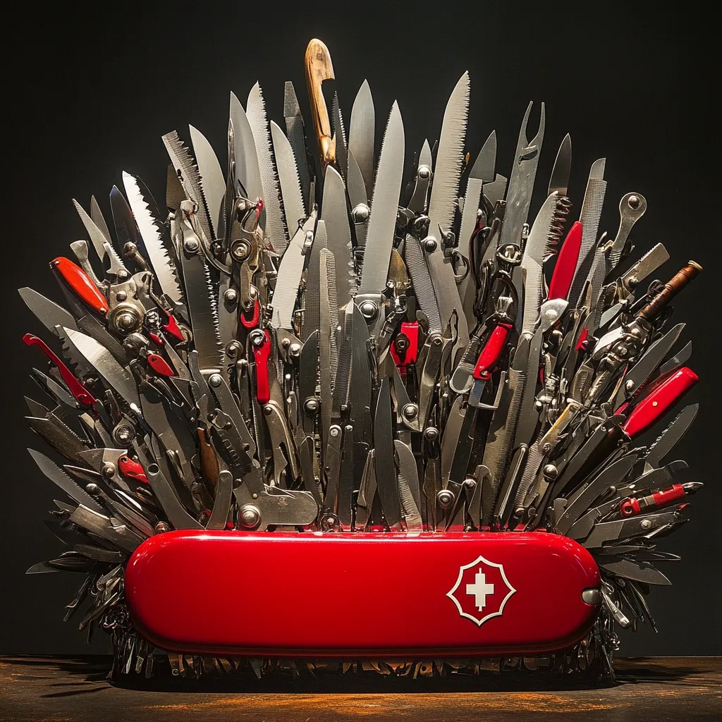 A striking image depicts a throne crafted entirely from numerous Swiss Army knives. The knives, in varying sizes and tools, form a pointed, crown-like structure atop a vibrant red base, bearing the iconic Swiss Army cross.  The dark background accentuates the metallic gleam of the blades and tools, creating a dramatic and impressive visual. The overall effect is a unique and artful representation of the Swiss Army knife's versatility and iconic status.