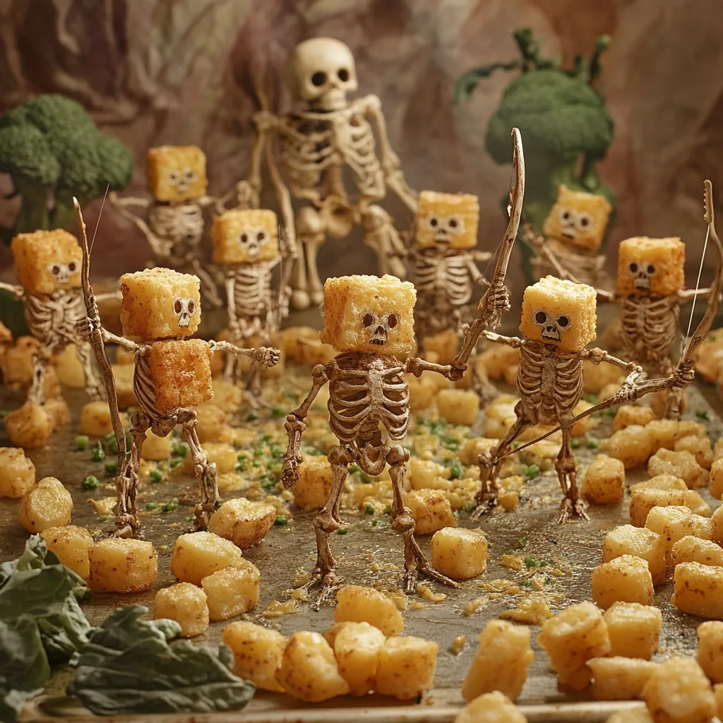 Here's a description of the image:

The photograph showcases a whimsical scene of tiny, roasted potato skeletons, each with a cubed potato forming its head, wielding miniature bows and arrows. They surround a larger, classic skeleton figure, who seems to be their leader.  Scattered around them are more roasted potato pieces, creating a battlefield-like setting on a dark surface, possibly a baking tray.  Small sprigs of green garnish are interspersed amongst the potatoes.  The background is blurry but suggests a dark, earthy cave-like environment. The overall effect is one of playful Halloween-themed food art.
