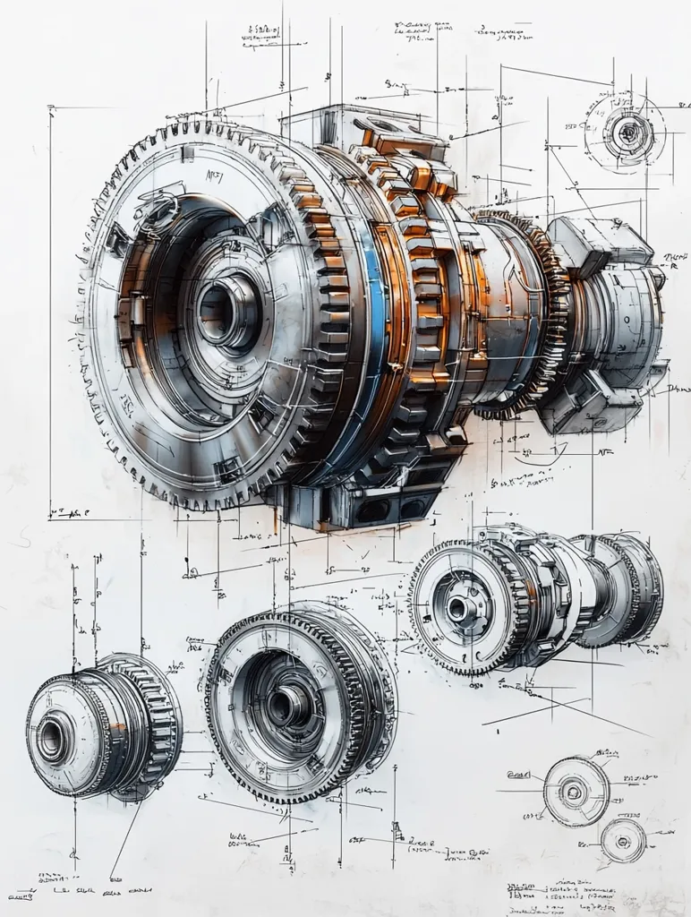 The image is a detailed technical drawing of a complex, cylindrical machine, possibly a futuristic engine or propulsion system.  It’s rendered in a style reminiscent of engineering blueprints, with annotated measurements and diagrams surrounding a central, three-dimensional depiction of the device.  The machine features intricate gears, concentric rings, and various metallic components in shades of gray, blue, and orange.  Smaller, exploded-view diagrams illustrate individual parts, further clarifying the machine's internal structure. The overall impression is one of advanced technology and meticulous design.