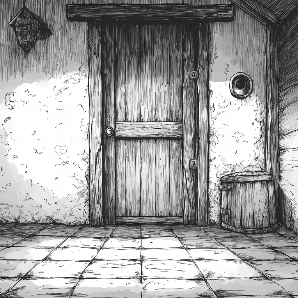 A black and white illustration depicts a rustic scene. A weathered wooden door, with a simple horizontal plank across its center, is set within a rough-hewn stone or plastered wall. A small, round porthole-like opening is visible on the wall beside the door, and a wooden bucket sits nearby. The floor is tiled, and a simple lantern hangs on the wall to the left. The overall style suggests a medieval or fantasy setting. The image is detailed, conveying texture and age through shading and linework.