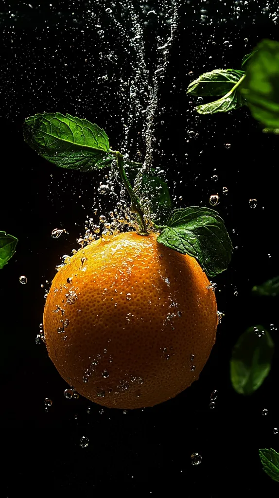 A vibrant orange, adorned with fresh mint leaves, plunges through a dark, water-filled environment.  Water droplets cling to the fruit's surface and create a sparkling trail.  The black background provides a dramatic contrast, emphasizing the bright orange and the deep green of the mint. The image captures a moment of refreshing dynamism.