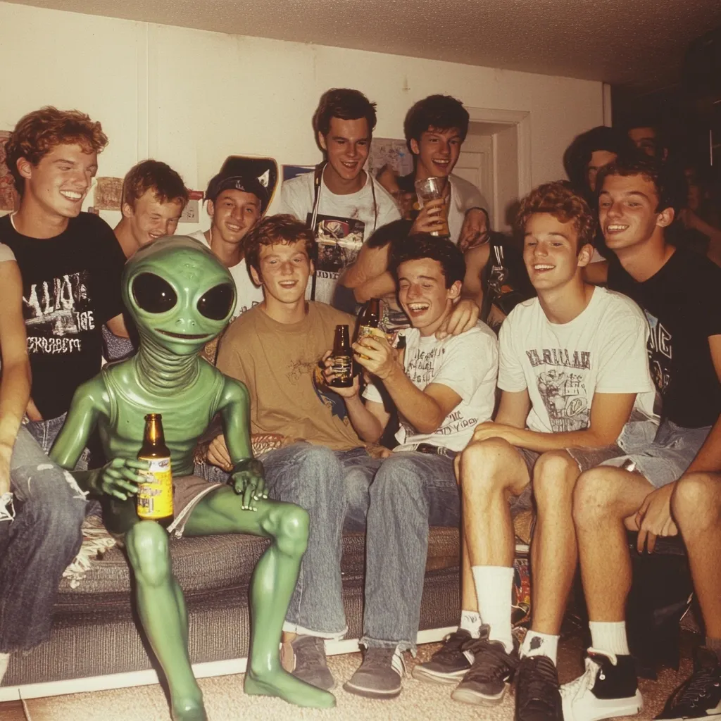 A group of teenage boys, mostly wearing band t-shirts, gather on a couch, sharing beers. The setting appears to be a casual dorm room or similar space. A large, green alien figure sits amongst them, also holding a beer. The overall vibe is relaxed and playful, capturing a moment of youthful camaraderie in a vintage-style photograph.  The image is warm toned, suggesting it may be a faded print or digitally altered to appear nostalgic.