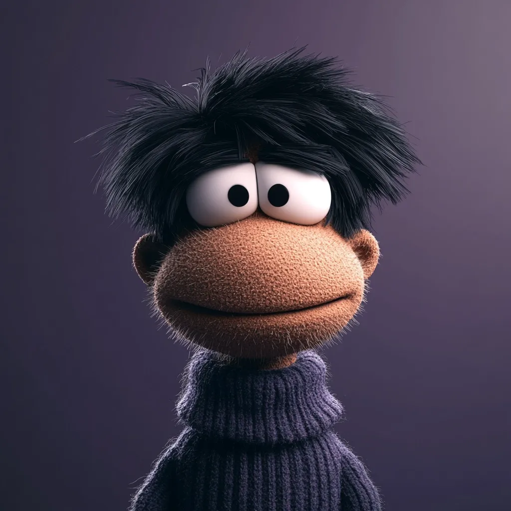 Here's a description of the image:

Close-up view of a 3D-rendered character resembling a puppet or cartoon figure.  It has a tan, fuzzy face with large, expressive eyes and a slightly downturned mouth, suggesting a pensive or slightly melancholic expression.  The character sports a dark, shaggy hairstyle and is wearing a dark purple turtleneck sweater. The background is a solid, muted purple. The overall style is whimsical and slightly surreal. The texture of the character's face and sweater is clearly rendered, giving it a soft, plush appearance.