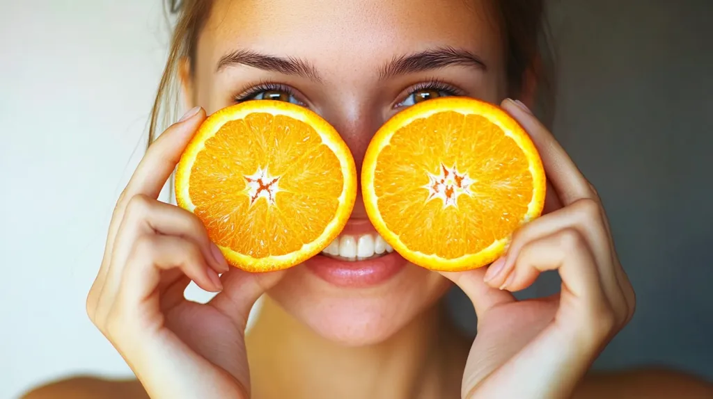 Close-up view of a young woman playfully holding two orange halves over her eyes.  Her smile is visible beneath the citrus slices, revealing bright, even teeth.  Her skin appears smooth and healthy, suggesting a connection between the oranges and a healthy lifestyle or beauty regime. The background is blurred, drawing attention to the woman and the vibrant oranges. The overall impression is one of freshness and vitality.