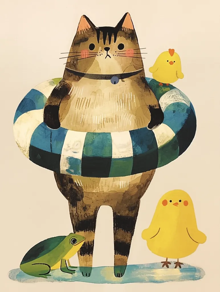 Here's a description of the image:

A whimsical illustration features a large, tabby cat wearing a blue and white striped inner tube. The cat has a slightly melancholic expression. Two small, yellow chicks flank the cat, one perched on the inner tube, the other standing on the ground. A small green frog sits at the cat's feet. The style is reminiscent of children's book illustration, with textured watercolor-like paint strokes giving a soft, slightly rough feel. The background is a simple, off-white. The overall mood is calm and slightly quirky.