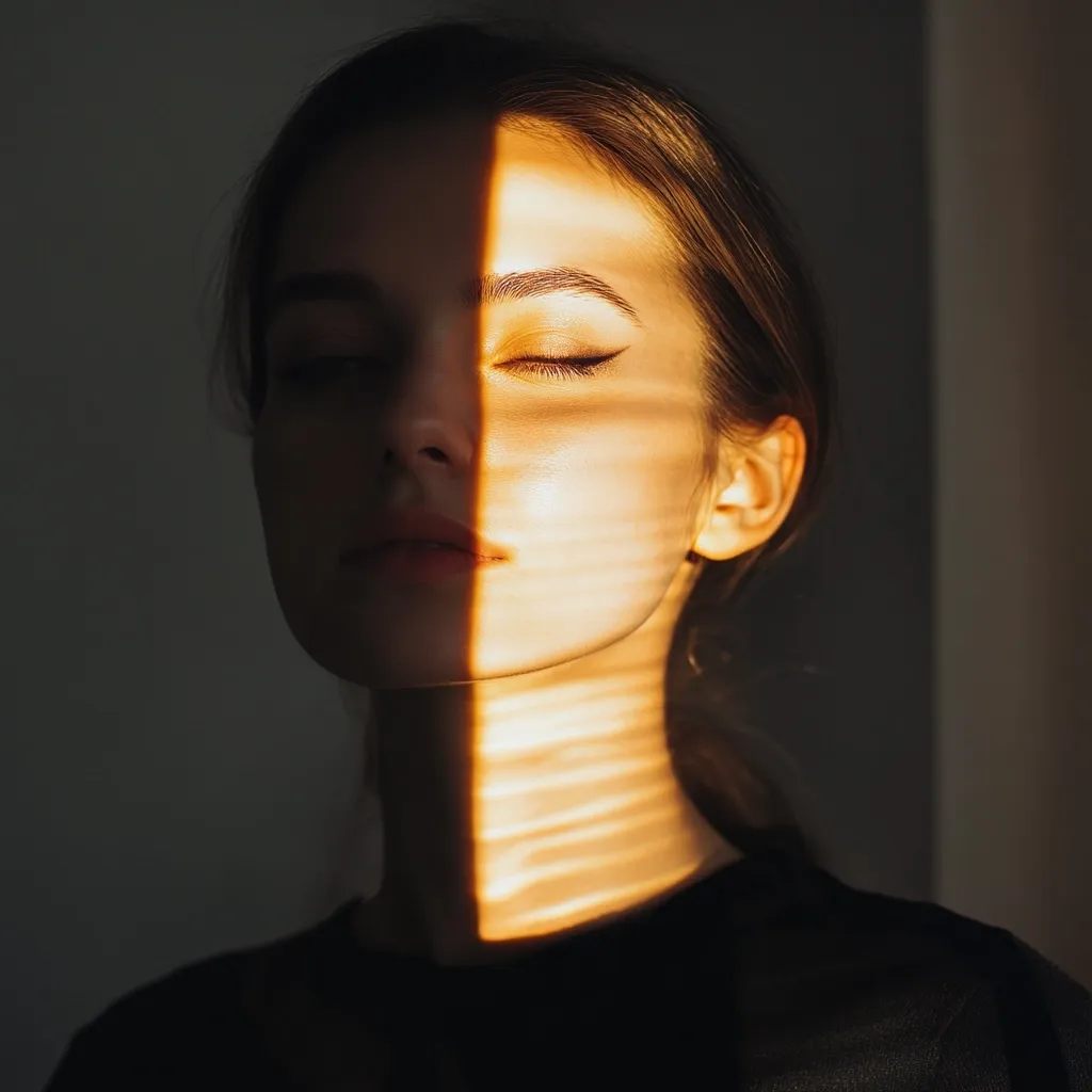 Here is a description of the image:

Close-up view of a young woman's face, partially illuminated by a dramatic ray of sunlight slicing through the darkness. Her eyes are closed, and her expression is serene. The light casts a striking pattern of stripes across her skin, creating a high-contrast effect.  She has dark hair pulled back from her face, and is wearing a dark-colored shirt. The overall mood is one of quiet contemplation and artistic beauty, emphasizing the interplay of light and shadow.