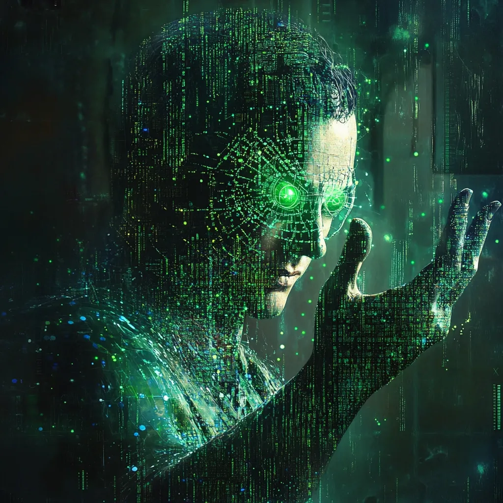The image depicts a stylized humanoid figure, seemingly composed of cascading green digital code.  Its face is partially obscured, yet features glowing green eyes, suggesting a technological or cyborg-like nature.  The figure's hands are raised, as if interacting with or manipulating the surrounding digital environment, which is filled with streaks of data and particles. The overall aesthetic is dark, mysterious, and evokes a sense of futuristic technology and perhaps artificial intelligence.