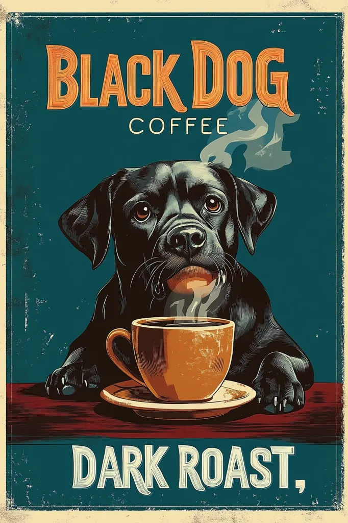 Here's a description of the image:

A vintage-style poster advertises "Black Dog Coffee," a dark roast.  The poster features a realistically rendered black Labrador Retriever sitting at a table, its paws resting on the surface. The dog gazes intently at a steaming cup of coffee in front of it. The text is styled in a retro font, giving the image a nostalgic feel. The background is a muted teal, suggesting a classic, timeless quality. The overall aesthetic is both appealing and humorous, using the dog as a charming focal point for the coffee brand.