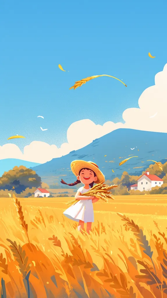 Here's a description of the image:

The illustration depicts a joyful young girl, wearing a straw hat and white dress, standing amidst a golden wheat field under a vibrant blue sky.  She holds a bunch of ripe wheat, smiling radiantly.  In the background, rolling hills and a couple of small houses add to the idyllic rural scene.  The style is stylized, with a focus on bright, cheerful colors and soft, painterly brushstrokes, creating a whimsical and heartwarming atmosphere.  A few stray pieces of wheat float gently in the breeze, enhancing the feeling of a sunny summer day.