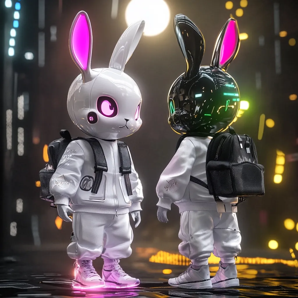 Here's a description of the image:

The image showcases two adorable, stylized robotic rabbits.  One is white with pink inner ears, and the other is black with the same pink inner ears. Both wear matching white tracksuits, backpacks, and futuristic sneakers with glowing pink accents. They stand on a reflective surface in a dimly lit, futuristic cityscape background with blurred lights, giving the scene a vibrant, otherworldly atmosphere. The robots appear friendly and technologically advanced, with detailed features on their heads and clothing.