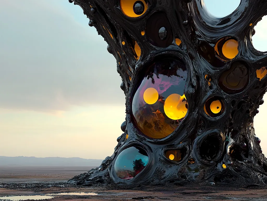 The image depicts a surreal, dark, organic structure resembling a tree or alien organism.  Its surface is textured with flowing, viscous-looking black material, punctuated by numerous spherical, translucent cavities filled with glowing amber and purple light. The structure stands in a desolate, flat landscape under a pale sky, suggesting an otherworldly setting. The contrast between the dark, organic form and the bright, empty landscape creates a striking visual impact.