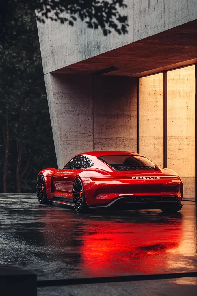 Here's a description of the image:

A vibrant red Porsche sports car is parked in a modern, minimalist garage. The car's sleek lines and reflective surface are highlighted by the warm, ambient light filtering through large glass doors. The garage itself is made of exposed concrete, creating a stark yet stylish contrast to the car's color.  Rain slicks the ground, adding to the dramatic mood, and the car's reflection is vividly visible on the wet surface. The background suggests a wooded area, enhancing the feeling of seclusion and luxury.