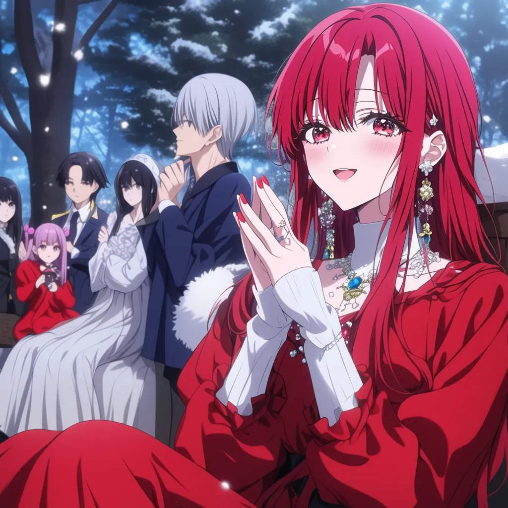 The illustration depicts a vibrant anime scene.  A young woman with long, flowing crimson hair, adorned in a red dress and white gloves, is the focal point. She has rosy cheeks and a joyful expression, her hands clasped together.  Behind her, a group of other anime characters, dressed in formal attire, are seated, creating a background of muted colors that contrast with the protagonist's bright red. The setting appears to be outdoors, possibly a winter scene, with dark trees and a snowy atmosphere subtly suggested. The overall style is elegant and romantic.