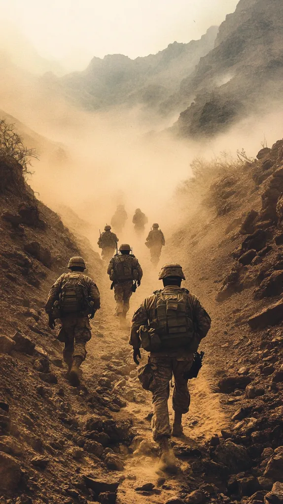 A group of soldiers in camouflage uniforms trek through a dusty, rocky canyon.  The arid landscape is shrouded in a haze of dust kicked up by their passage. The soldiers march in single file, their backs to the viewer, disappearing into the hazy distance between steep, rugged mountain walls.  The scene evokes a sense of isolation and the arduous nature of military operations in challenging terrain. The overall tone is somber and evocative of wartime.