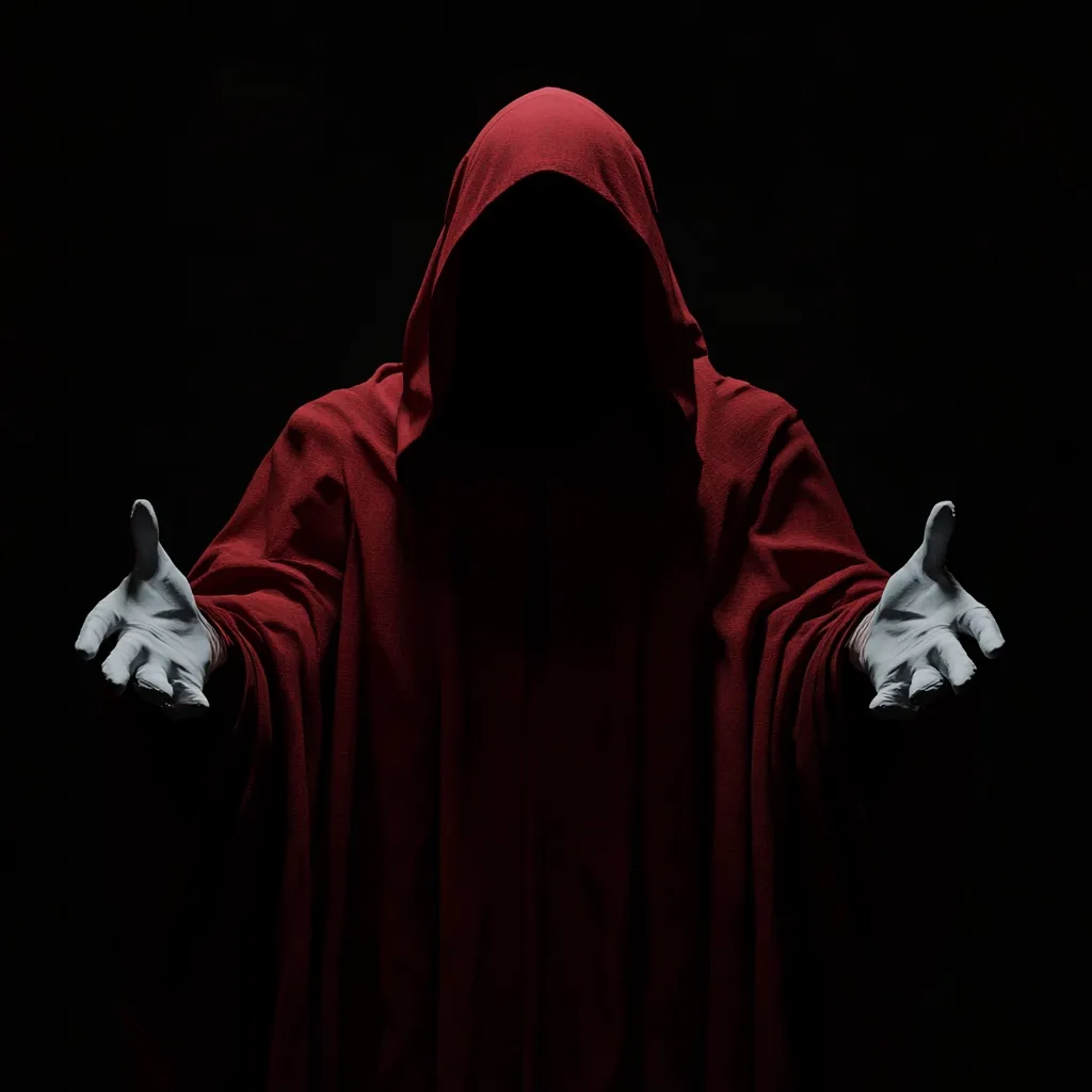 A cloaked figure, shrouded in darkness, stands in the center.  The figure is wearing a deep crimson hooded robe that obscures their face completely.  Their hands, clad in pale white gloves, are outstretched in a gesture of offering or invitation. The stark contrast between the dark robe and the bright gloves adds to the mysterious and somewhat ominous atmosphere.  The overall image is evocative of mystery, perhaps hinting at the supernatural or the unknown.