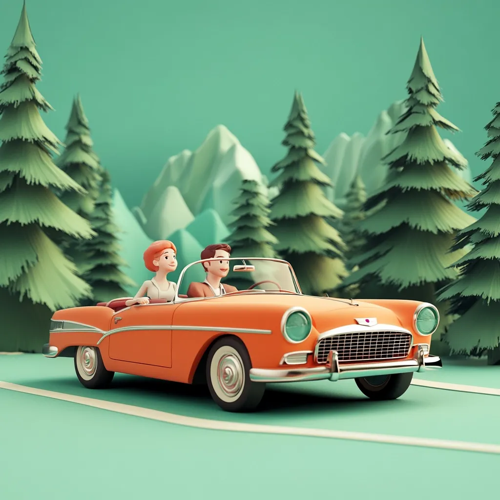 Here's a description of the image:

A stylized 3D rendering depicts a cartoon couple enjoying a scenic drive in a vintage orange convertible.  The car, reminiscent of a 1950s model, smoothly traverses a light teal road.  The couple, with simplified features, sit happily side-by-side.  The backdrop features stylized evergreen trees and low-polygonal mountains, creating a nostalgic and idyllic landscape. The overall aesthetic is playful and charming, with a retro feel.