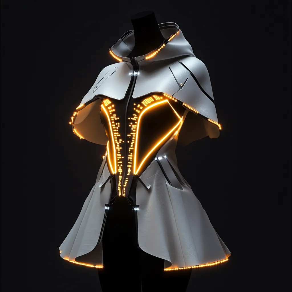 A futuristic, off-white dress is displayed on a mannequin against a dark background.  The dress features a hooded capelet and a fitted bodice outlined with warm-toned LED lights, creating a glowing, geometric pattern. The skirt flares out slightly, also edged with the same illuminating lights. The overall design is sleek, modern, and suggestive of technological innovation within fashion.