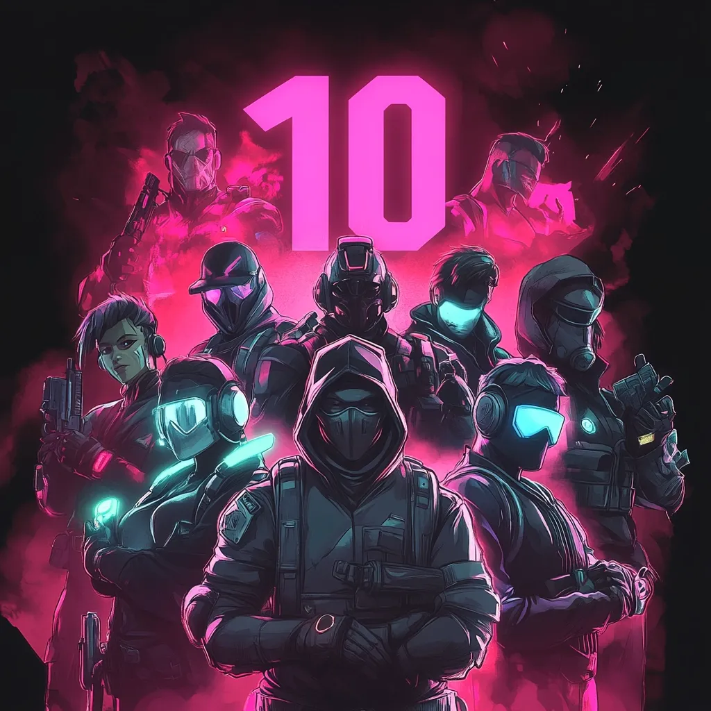 A vibrant, stylized illustration depicts a squad of ten futuristic soldiers, prominently featuring a central figure in dark tactical gear and a balaclava.  The number "10" glows pink in the background, suggesting a celebration or anniversary.  The soldiers are rendered in a bold, graphic style with neon accents against a dark, smoky backdrop.  Their weaponry and attire indicate a technologically advanced combat setting.  The overall mood is intense and celebratory, likely commemorating a milestone achievement.