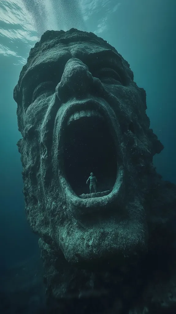 An underwater photograph depicts a colossal, submerged sculpture of a head, seemingly carved from stone or rock, its features weathered and textured. The head's mouth is agape, forming a dark, cavernous opening.  A small human figure is visible standing within the mouth, providing a stark contrast in scale and emphasizing the sculpture's immensity. The overall tone is dark and mysterious, with the teal hues of the water adding to the sense of depth and otherworldliness. The image evokes a feeling of awe and perhaps unease.