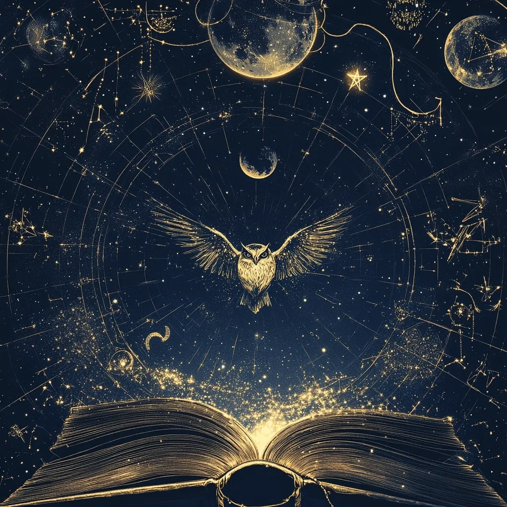 Here's a description of the image:

The image is a celestial-themed artwork featuring an open book from which golden light emanates, resembling starlight.  Above the book, an owl with outstretched wings is depicted in flight, seemingly emerging from or flying towards the pages. The background is a dark navy blue, richly detailed with gold constellations, planets, and celestial lines that suggest a star chart or celestial map.  The overall style evokes a sense of magic, mystery, and the exploration of knowledge and the universe.