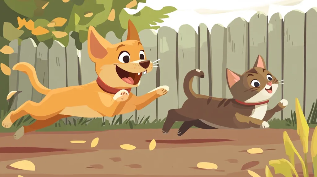 Here is a description of the image:

A cheerful cartoon depicts a playful chase between a light orange dog and a brown tabby cat. They are running side-by-side across a dirt path, near a wooden fence and lush green foliage.  Autumn leaves scatter on the ground, adding a seasonal touch. Both animals are depicted with wide, happy expressions, suggesting a friendly game of tag. The style is bright, cartoonish, and child-friendly.