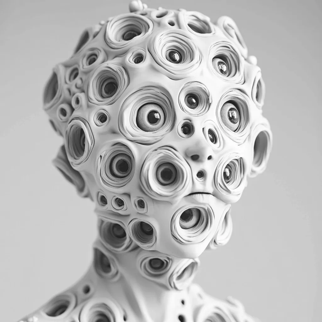 Here's a description of the image:

The monochromatic image presents a close-up of a sculpted figure, seemingly humanoid yet profoundly unsettling. Its head and upper torso are densely covered in numerous circular protrusions, each containing a small, dark eye-like detail.  These eyes, varying slightly in size and depth, give the figure a disturbingly multifaceted gaze. The overall texture is smooth yet organic, suggesting a material like clay or resin. The figure's expression is vaguely human, though the multiplicity of eyes obscures any clear emotion, contributing to a sense of unease and the uncanny.  The background is a simple, neutral gray.