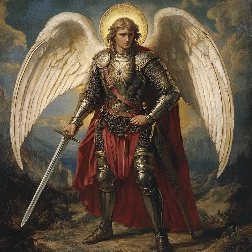 The painting depicts a majestic angel, clad in full plate armor, standing against a dramatic landscape.  Large, feathered wings extend from his back, and a golden halo surrounds his head. He holds a long sword, his expression serious and resolute.  The angel's attire suggests a warrior, combining celestial features with earthly military regalia.  A crimson cloak flows behind him, adding to the overall grandeur and symbolic power of the image. The background is a blend of muted earth tones and a darkening sky.