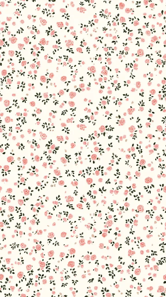 The image shows a repeating pattern of small, pink roses and dark green leaves on a white background. The roses are densely packed but randomly scattered, creating a whimsical, delicate feel. The style is reminiscent of vintage or cottagecore aesthetics.  The overall impression is one of lighthearted charm and feminine elegance.  The small scale of the floral print makes it suitable for various applications like fabric, wallpaper, or wrapping paper.