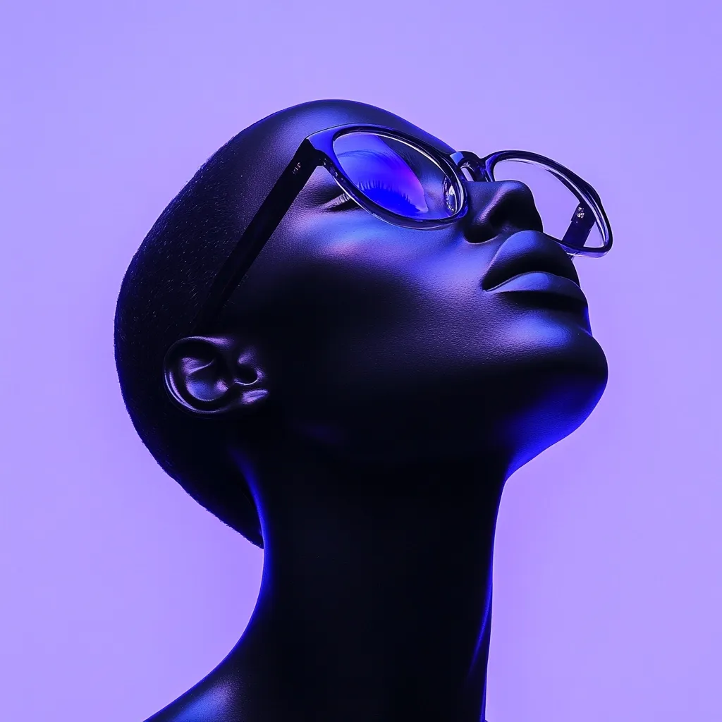 Here's a description of the image:

Close-up view of a dark-skinned mannequin's head and neck, tilted upward, against a light purple background.  The mannequin wears dark-framed glasses with a subtle purple hue to the lenses. The lighting is dramatic, emphasizing the mannequin's features and creating a strong contrast between the dark skin and the lighter background. The overall aesthetic is stylish and slightly surreal, with a focus on both fashion and form.