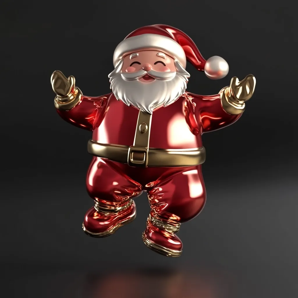 A 3D-rendered image showcases a jubilant Santa Claus mid-leap.  He's depicted in a glossy, metallic red and gold suit, complete with a fluffy white beard and hat.  His cheerful expression and outstretched arms convey a sense of festive joy. The dark background accentuates the Santa's vibrant colors and polished sheen, creating a striking visual. The overall style is modern and playful, perfect for a Christmas-themed design.