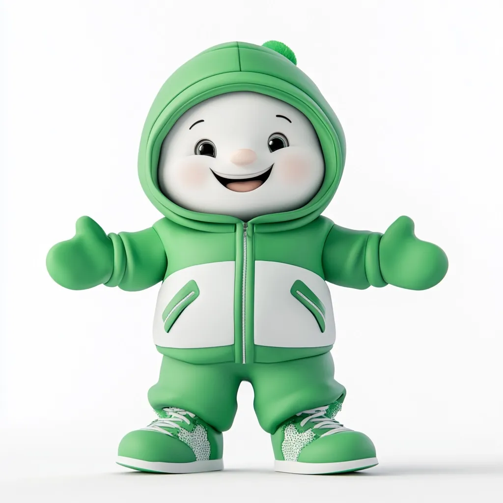 Here's a description of the image:

A cheerful, cartoon snowman is depicted, wearing a bright green hooded jacket and matching shoes.  The jacket features a white panel across the chest.  The snowman's face is round and expressive, with large, friendly eyes and a wide, open smile. Its arms are outstretched, with mittens attached to the green sleeves, suggesting a welcoming gesture. The overall style is 3D-rendered, clean, and playful, set against a stark white background. The snowman's small green pom-pom hat adds to its charming appearance.