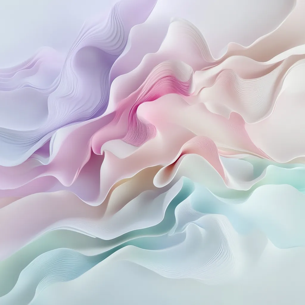 The image is an abstract representation of flowing, layered pastel colors.  Soft, undulating forms in shades of lavender, pink, peach, and mint green create a dreamy, ethereal effect.  The layers are subtly textured, suggesting depth and movement within the overall composition.  The color palette is harmonious and calming, evoking a sense of serenity and lightness.  The overall impression is one of fluid, organic shapes and a soft, almost tactile quality.