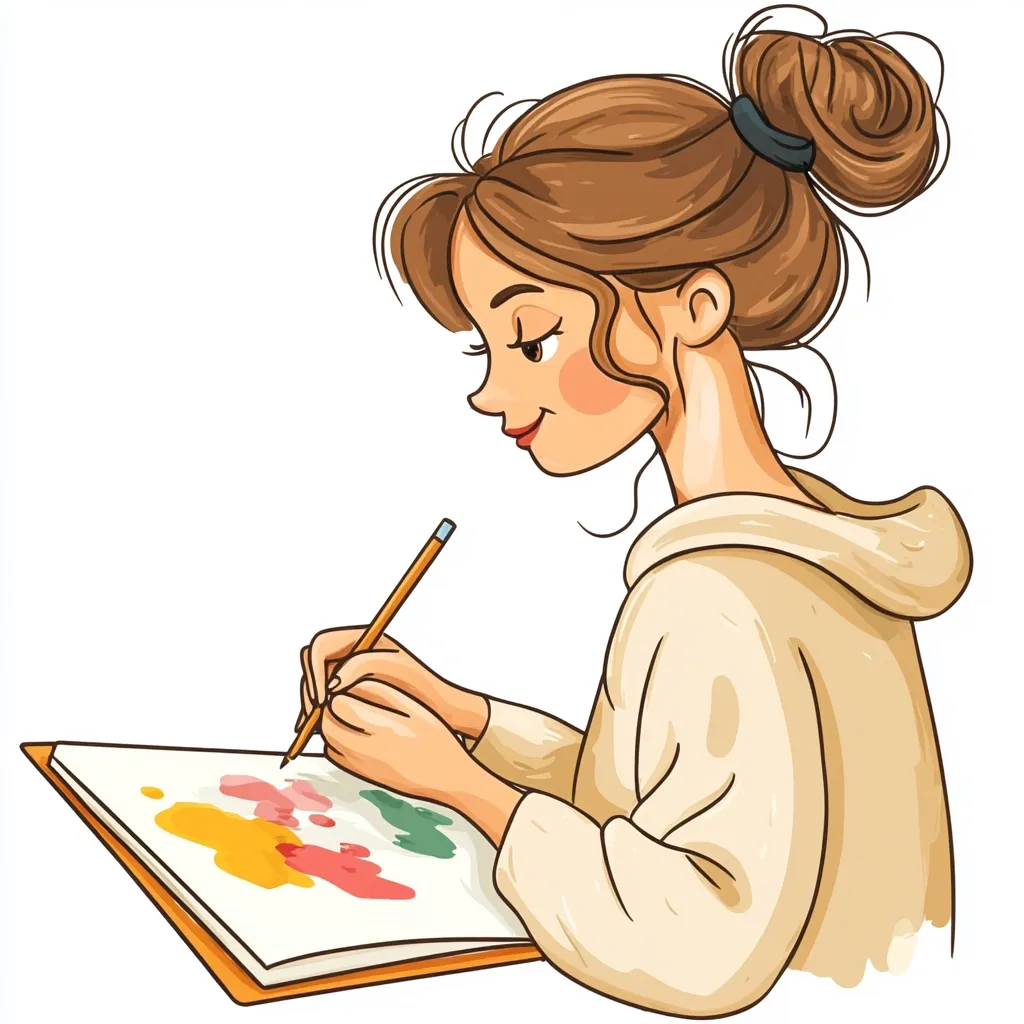 A cartoon drawing depicts a young woman with brown hair in a bun, wearing a beige hoodie.  She's seated, intently focused on a drawing pad resting on a clipboard.  Her hands delicately hold a pencil, adding details to a colorful, abstract watercolor wash already on the page.  The style is whimsical and friendly, suggesting creativity and artistic expression.