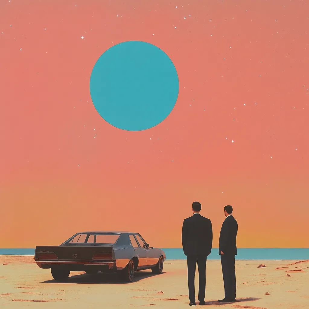 Here's a description of the image:

The artwork presents a surreal, minimalist scene. Two men in dark suits stand on a sandy beach, gazing towards a large, turquoise circle dominating a peach-colored sky dotted with faint stars. A vintage car sits between them and the circle, adding to the retro-futuristic feel. The overall style is clean and evocative, suggesting a sense of mystery and quiet contemplation under an otherworldly sky. The color palette is muted and harmonious, contributing to the dreamlike atmosphere.