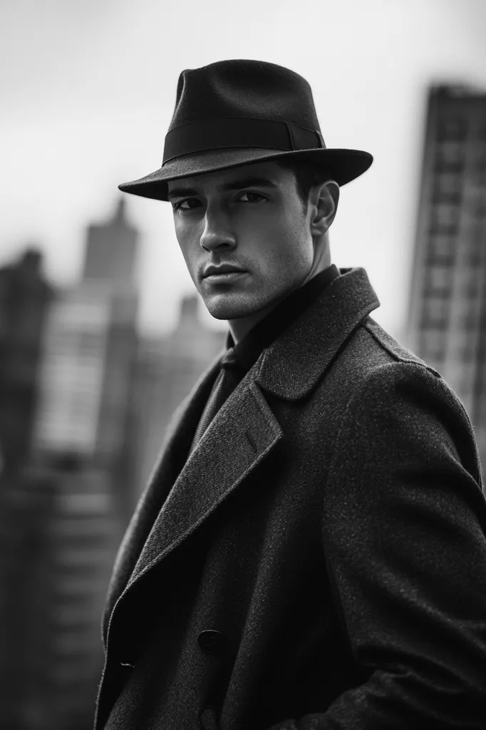Here's a description of the image:

A black and white, medium shot portrays a man in a stylish, dark overcoat and fedora. He looks directly at the camera with a serious expression. His dark hat casts a shadow on his face, adding depth to the image. The man's attire suggests a classic, perhaps vintage, style. The background is softly blurred, showing a cityscape suggesting an urban setting. The overall mood is sophisticated and slightly mysterious.  The contrast between the dark clothing and the lighter background emphasizes the subject.