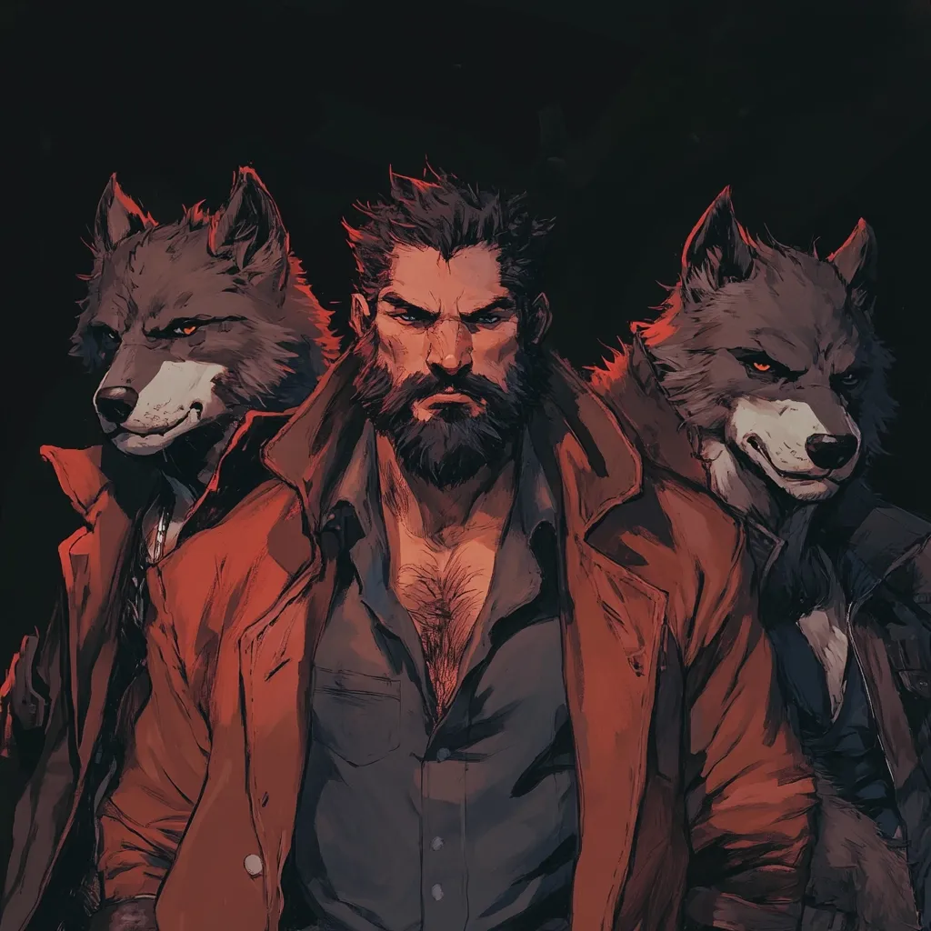 Here's a description of the image:

The artwork depicts a powerfully built, bearded man with dark hair, centrally positioned. He wears a dark gray shirt under a reddish-brown, open coat. Flanking him on either side are two anthropomorphic wolves, similar in coloring to the man's coat, suggesting a connection or allegiance. The overall style is dark and dramatic, with a moody, reddish-brown palette emphasizing the intense expressions on the man and the wolves' faces,  all against a deep black background. The image has a style reminiscent of fantasy art or graphic novel illustration.