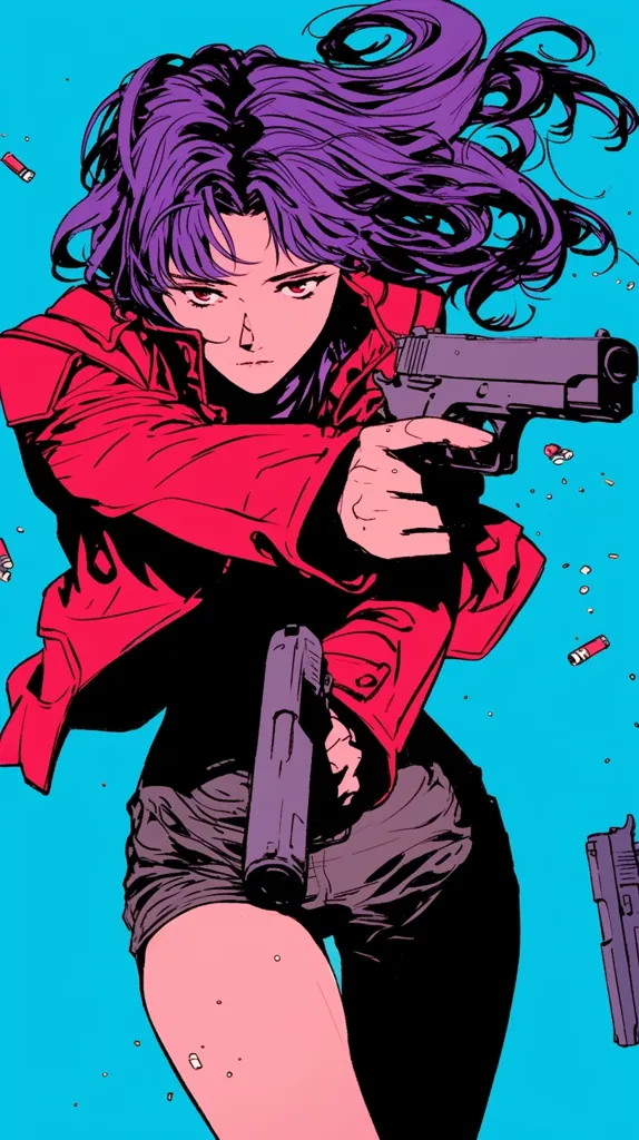 Here's a description of the image:

The illustration showcases a stylized female anime character, possibly inspired by cyberpunk aesthetics. She has vibrant purple hair, a red jacket, and dark shorts.  She's depicted in dynamic action, wielding two handguns, one in each hand.  The background is a solid, bright teal, contrasting with the character's bold colors and sharp lines.  Scattered around her are small objects, possibly bullets or shell casings, adding to the sense of motion and violence. The overall style is a blend of comic book and anime influences, characterized by bold outlines and vivid coloring.