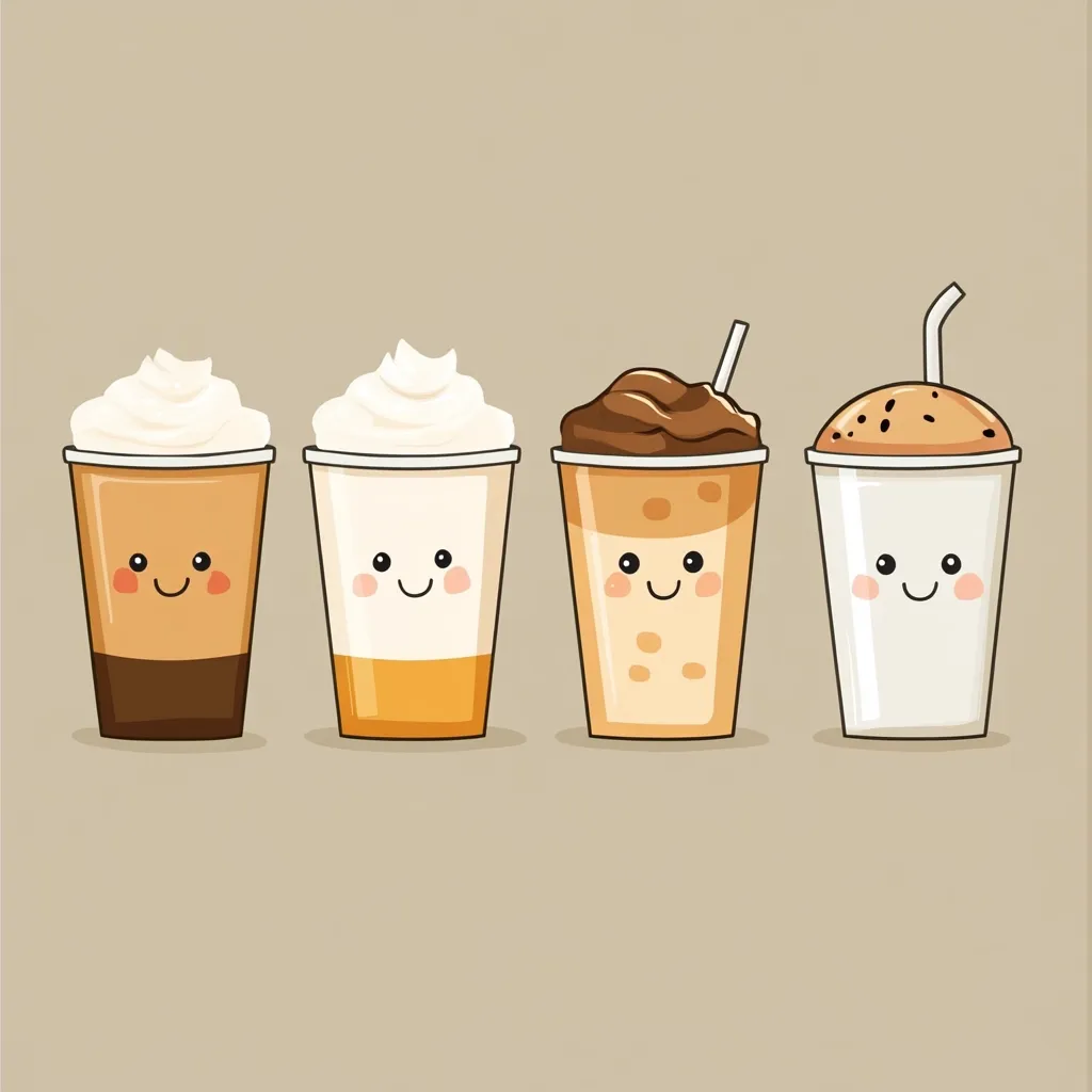 Here's a description of the image:

The illustration showcases four cartoonish cups of coffee-based beverages arranged in a row against a muted beige backdrop. Each cup features a whimsical, smiling face.  From left to right, the drinks are: a café latte, a cappuccino, an iced mocha, and a cookie crumble frappe. The style is cute and playful, with soft colors and simple line art, suggesting a fun, lighthearted approach to coffee shop imagery.
