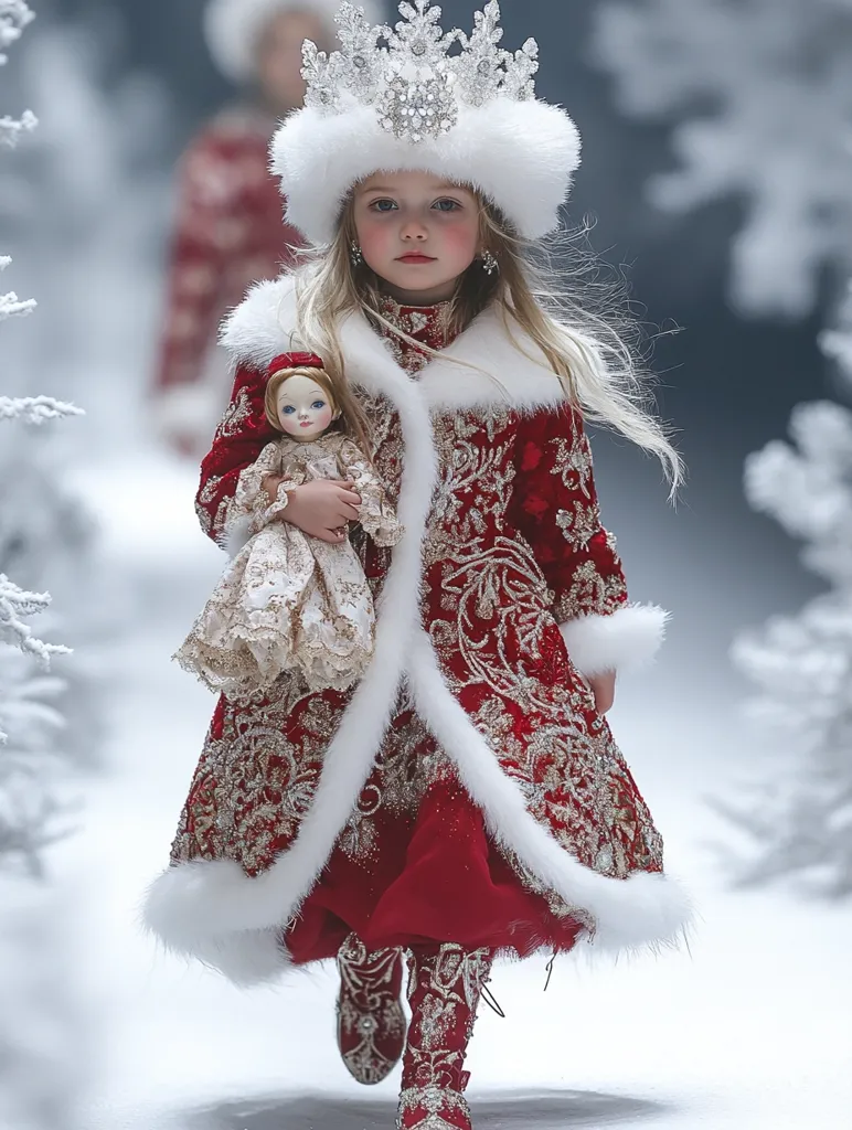 A young girl, regal in a floor-length red velvet coat adorned with glittering embroidery and a thick white fur trim, strolls down a snowy runway.  She wears a matching fur hat topped with a sparkling silver crown and carries a porcelain doll. The scene is evocative of a winter fairytale, with a soft focus on the background emphasizing the girl's elaborate costume. Her boots are similarly detailed, completing the enchanting, princess-like ensemble.