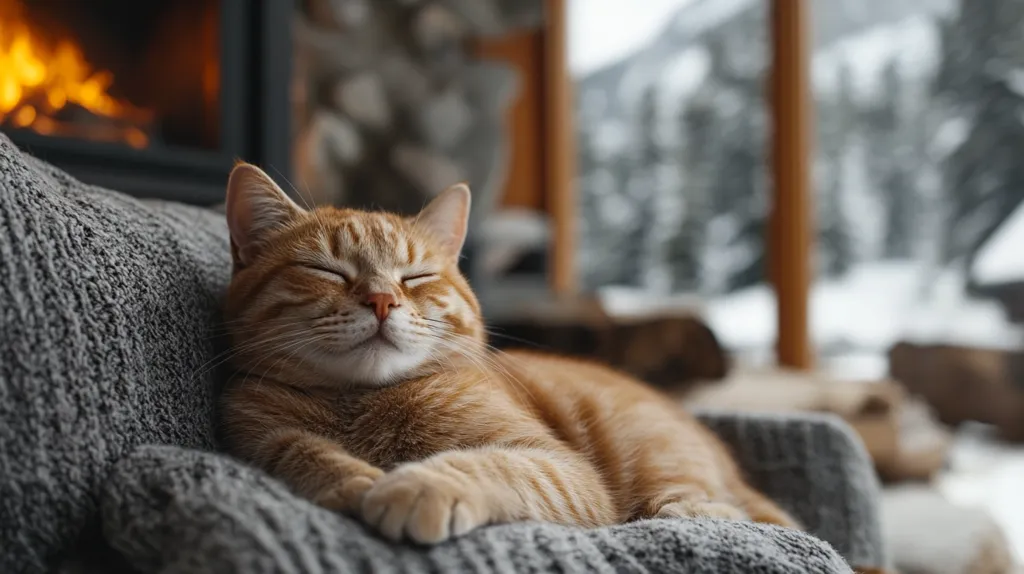 A ginger cat, eyes closed in peaceful slumber, rests on a cozy gray knitted throw.  The cat's relaxed posture and contented expression suggest warmth and comfort.  A blurry background reveals a fireplace with flickering flames and a snowy winter landscape viewed through a large window, enhancing the feeling of a tranquil, homey scene. The overall image evokes a sense of calm and winter coziness.