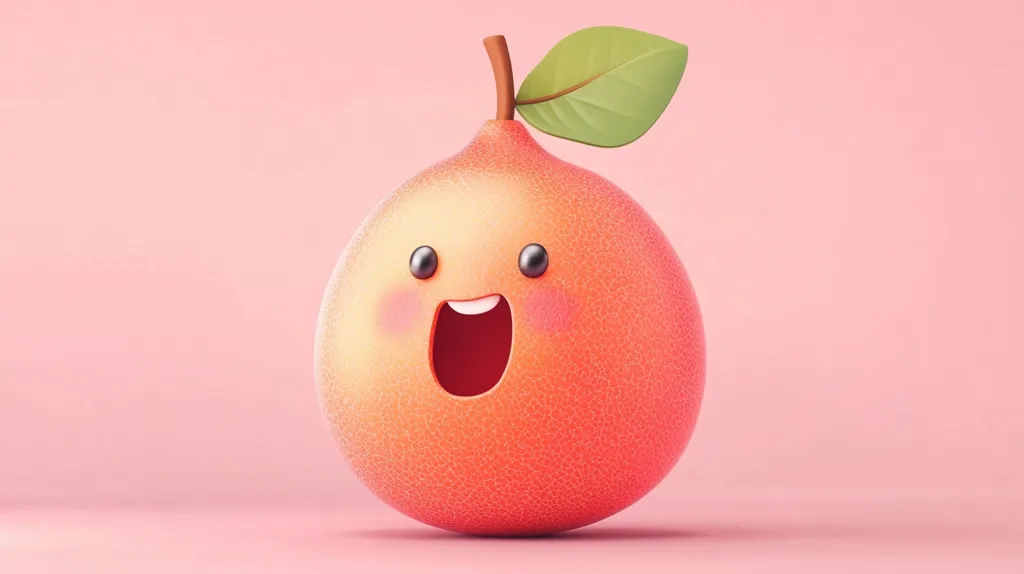 Here's a description of the image:

The image shows a 3D rendering of a stylized grapefruit with a cartoonish, happy expression.  Its skin is textured, and it has large, expressive eyes and a wide-open mouth, conveying surprise or excitement. A single green leaf sits atop the fruit's stem. The grapefruit is presented against a solid, pale pink background. The overall style is playful and cute.