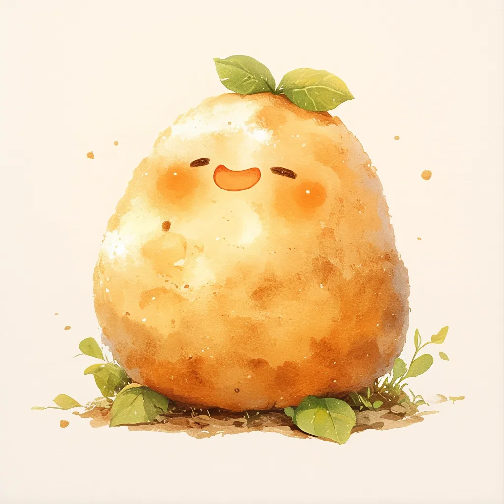 Here's a description of the image:

The illustration showcases a charming, anthropomorphic potato.  Rendered in a soft, watercolor style, the potato is round and light brown, with a cheerful, smiling face. Two small green leaves sprout from its top.  It's nestled amongst small green plants on the ground, creating a whimsical, earthy scene. The overall style is cute and gentle, with soft colors and delicate details. The background is a plain off-white, drawing focus to the potato character.