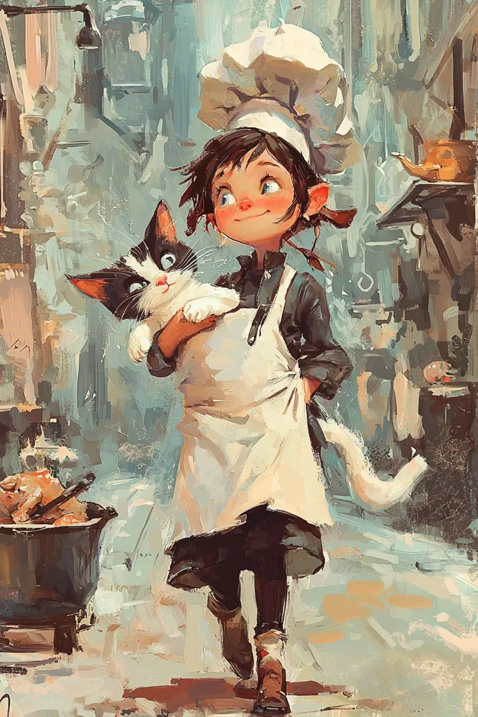 A charming illustration depicts a young chef, sporting a white toque and apron, proudly holding a black and white kitten. The scene is set in a bustling, vaguely European-style street, with hints of a market or kitchen in the background.  The artistic style is painterly and expressive, with visible brushstrokes contributing to a warm, inviting atmosphere.  The chef's cheerful expression and the kitten's contented demeanor create a heartwarming and whimsical image. The overall palette is muted, with earthy tones and soft blues dominating the background.