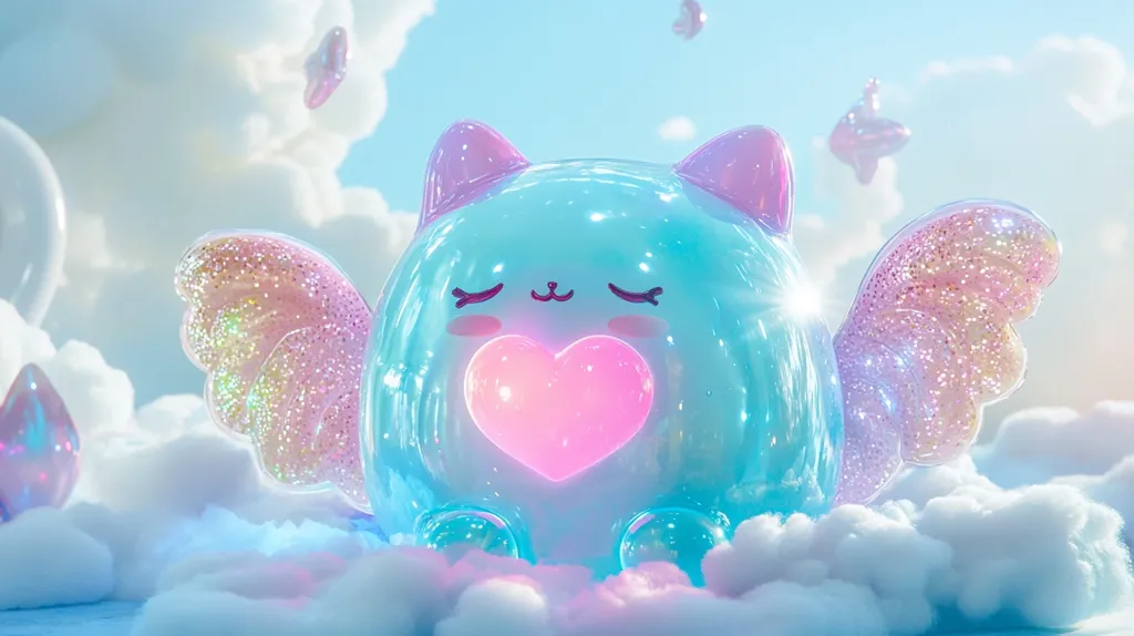 Here's a description of the image:

A pastel-colored, 3D-rendered illustration depicts a cute, round cat-like creature with iridescent, glittery wings. It's light blue, seemingly made of glass or a similar translucent material, and holds a glowing pink heart in its center. The creature sits on fluffy white clouds against a backdrop of more clouds and a light blue sky, with small, similarly glittery butterflies floating around it. The overall aesthetic is dreamy, whimsical, and evokes feelings of sweetness and innocence.  The scene is brightly lit, adding to the ethereal quality.